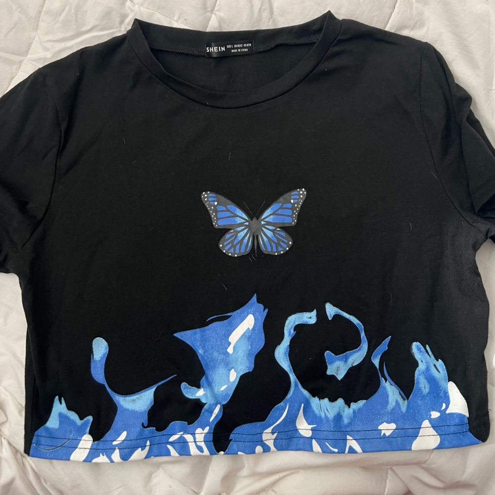 Blue Butterfly Black T-Shirt Crop Top
